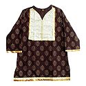 Dark Brown Printed Kurti with Sequine Work on White Appliqued Cloth
