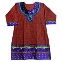 Self Design Red Kurta with Blue Embroidered Neckline and Border with Three Quarter Sleeves