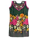 Multicolor Floral Print on Dark Green Sleeveless Top with Embroidered Neckline
