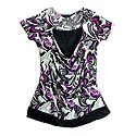 Purple, Grey and Black Print on White Top