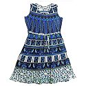 Blue and Cyan Sanganeri Print Dress with a Pair of Additional Unstitched Sleeves