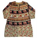 Red, Yellow and Black Flower, Elephant and Peacock Print on Off-White Kurta