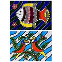 Fish and Birds - Set of 2 Madhubani Paintings on Unframed Photographic Paper