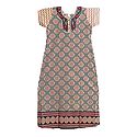 Embroidered Neckline with Red and Black Stripe on Beige Cotton Maxi