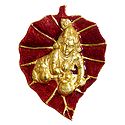 Golden Bal Gopal on Red Leaf - White Metal Wall Hanging