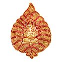 Red with Golden Ganesha on Leaf - White Metal Wall Hanging