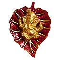 Golden Ganesha on Red Leaf - White Metal Wall Hanging