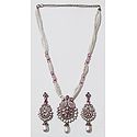 Maroon, Green and White Bead Necklace with White Stone Studded Pendant and Earrings