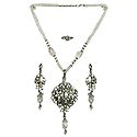 White Bead Necklace with White Stone Studded Pendant, Earrings and Ring