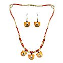 Saffron Paper Pendant and Earrings with Wooden Beads Necklace
