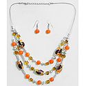 Three Layer Dark Saffron and Golden Yellow Bead Necklace with Earrings