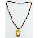 Red, Yellow and Black Wooden Bead Necklace with Cowrie Pendant