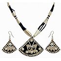 Black and White Bead Necklace with Pendant and Earrings