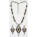 Maroon, Green and White Bead Necklace with White Stone Studded Pendant and Earrings