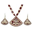 Maroon and Off-White Bead Necklace with Jute Pendant and Earrings