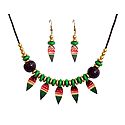 Green Wheel Bead Necklace with Leather Leaf and Earrings