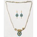 White Bead Necklace with White and Blue Stone Studded Pendant and Earrings