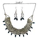 White and Dark Cyan Beaded Necklace and Earrings