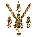 White, Maroon and Green Stone Studded Necklace Set with Mang Tika
