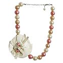 Off-White and Peach Beaded Necklace with Cloth Flower