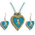 Blue Corded Heart Pendant and Earrings Decorated with Off White Wooden Beads and Paddy Rice