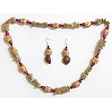 Beige and Maroon Wooden Beads with Natural Seed Necklace and Earrings 