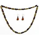 Beige with Maroon Wooden Beads and Natural Seed Necklace and Earrings 