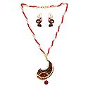 Red and White Beaded Necklace with Meenakari Metal Pendant and Earrings
