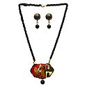 Black Beaded Necklace with Meenakari Metal Pendant and Earrings