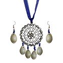 Metal Pendant and Cowrie Earrings with Adjustable Blue Ribbon