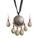 Metal Pendant and Cowrie Earrings with Adjustable Black Ribbon