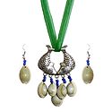 Metal Fish Pendant and Cowrie Earrings with Adjustable Green Ribbon