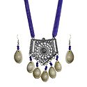 Metal Pendant and Cowrie Earrings with Adjustable Purple Ribbon