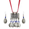 Metal Pendant and Cowrie Earrings with Adjustable Red Ribbon