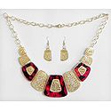 Carved Oxidised Metal Plate with Red and Black Lacquered Necklace with Earrings