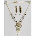 White Pearl Necklace with White, Maroon and Green Stone Studded Pendant and Earrings