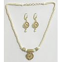 White Bead Necklace with Rust Color Stone Studded Pendant and Earrings