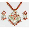 Red and Yellow Twisted Cord Necklace with Red and White Stone Studded and Bead Pendant