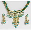 Cyan and Yellow Twisted Cord Necklace with Stone Studded Pendant