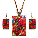 Peacock Feather Print Shell Pendant Set