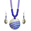 Blue Bead Necklace with Painted Shell Pendant and Adjustable Purple Ribbon