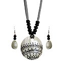 Black Bead Necklace with Painted Shell Pendant and Adjustable Black Ribbon