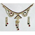 White, Maroon and Green Stone Studded Necklace and Earrings