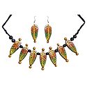 Hand Painted Wooden Bead and Terracotta Leaf Necklace with Earrings