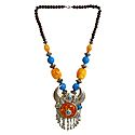 Yellow and Blue Bead Necklace with Metal Horn Pendant