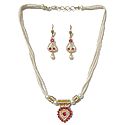 White Bead Necklace with Faux Zirconia and Ruby Pendant and Earrings