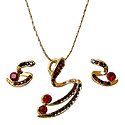 Maroon and Green Stone Studded Pendant and Earrings