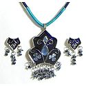 Blue Laquered Pendant with Cyan Color Cord and Post Earrings