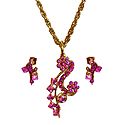 Magenta Stone Studded Pendant with Oxidized Metal Chain and Earrings