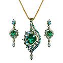 Cyan with White Stone Studded Pendant with Chain and Earrings